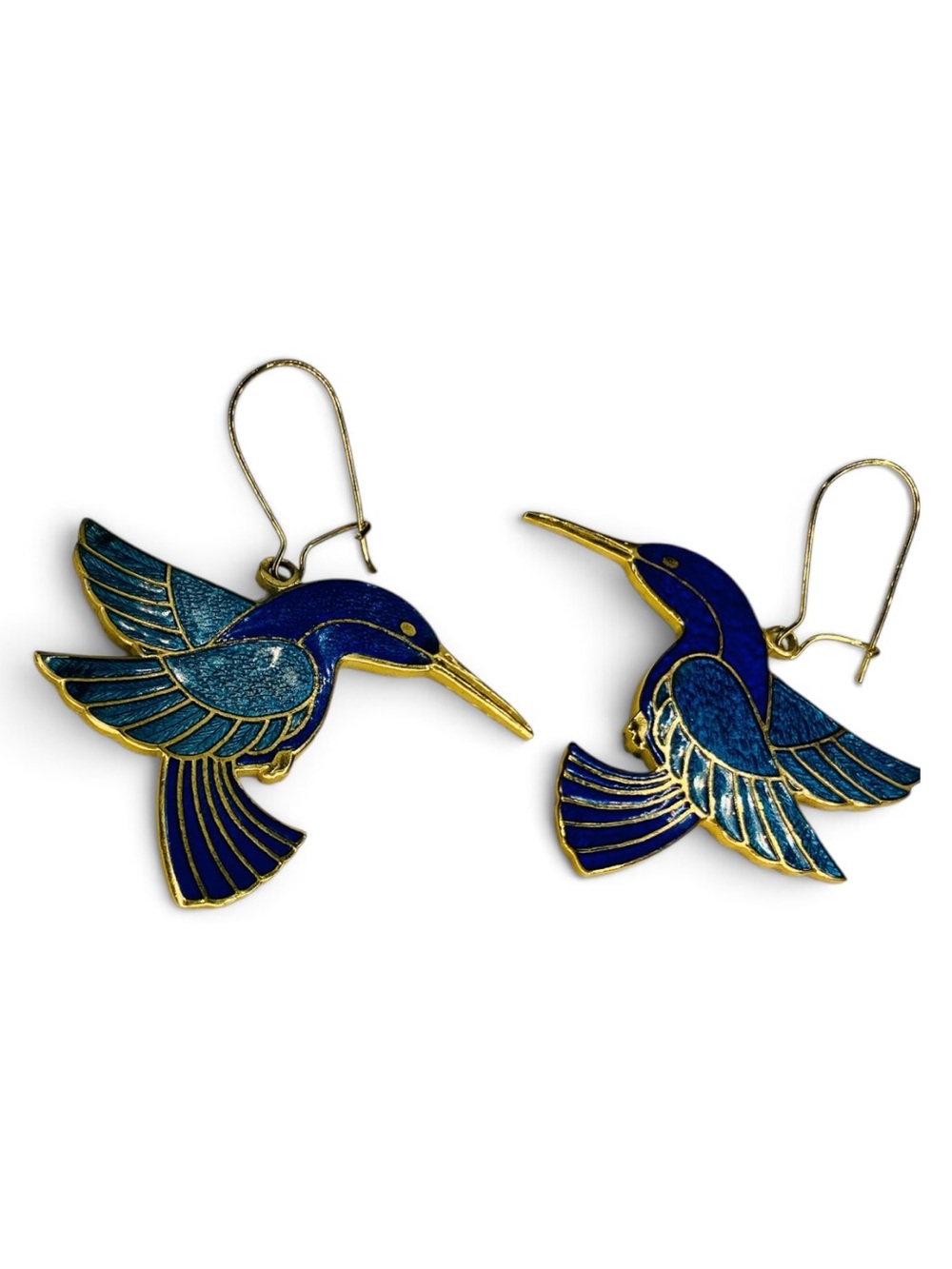Vtg 90’s Boho Blue Enamel Birds Hummingbirds Pierced Gold Tone Dangle Earrings - Picture 3 of 4